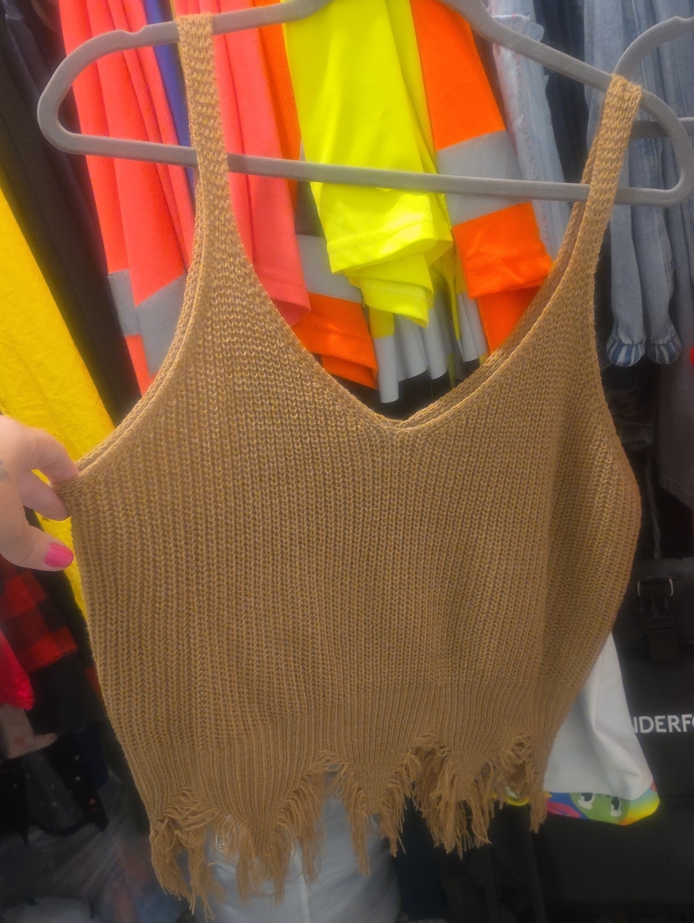 SHEIN Brown Knit V-Neck Fringe Crop Top